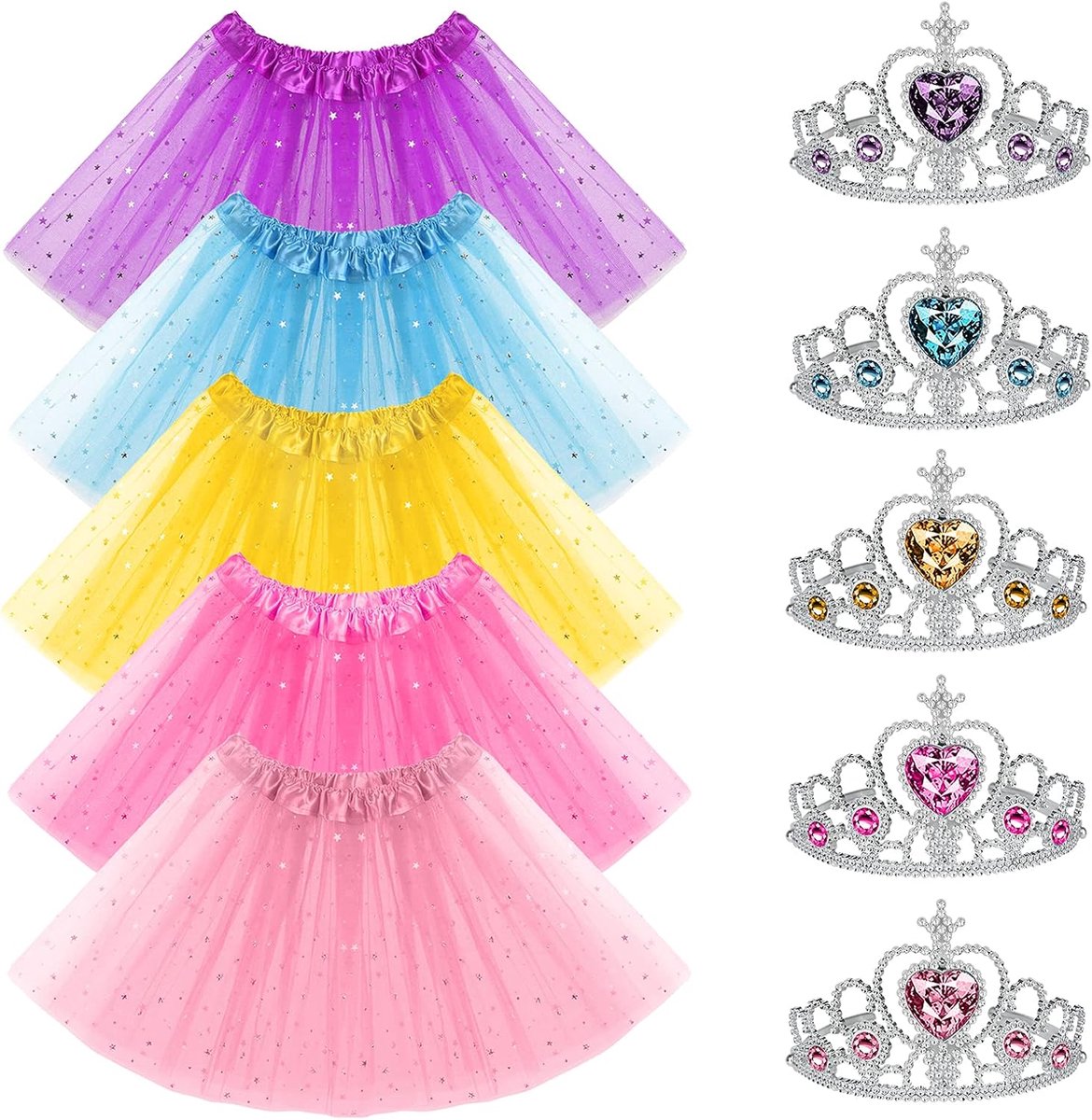 Prinsessenrok, 5-delige set, prinsessenballet tutu-rok, 5 prinsessenkronen, fonkelende pailletten, 3-laags tule zomerrok, verkleedjurk, 3-8 jaar, meisjes, Kerstmis, verjaardagsfeest
