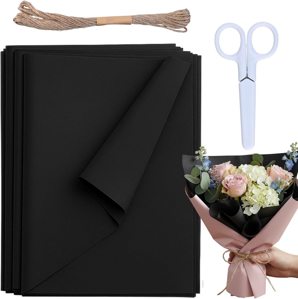 72 vellen zwart tissuepapier, bulk cadeaupapier wordt geleverd met 10 meter henneptouw en schaar, 70 x 50 cm, voor knutselen, feestdecoraties, bloemen, geschenkzakjes