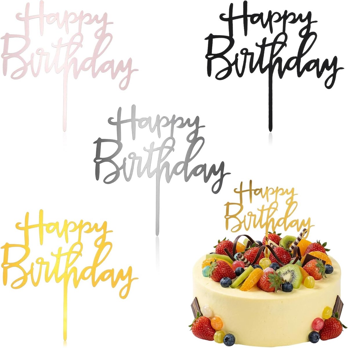 4 stuks Happy Birthday-taarttopperset, acryl verjaardagstaart decoraties voor dames en heren cupcake topper taarten benodigdheden decoraties (goud, zilver, zwart, roségoud)