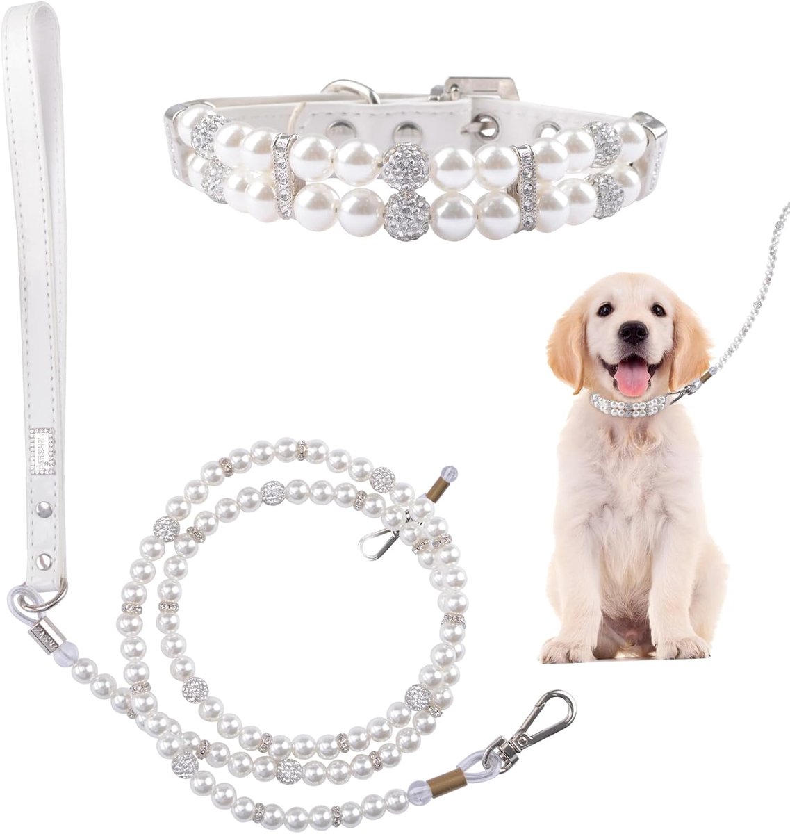 Hondenriem en halsband, 2 stuks honden- en kattenparelhalsband, riemset, verstelbare hondenleren parels, halsbanden met strass voor honden, katten, puppy