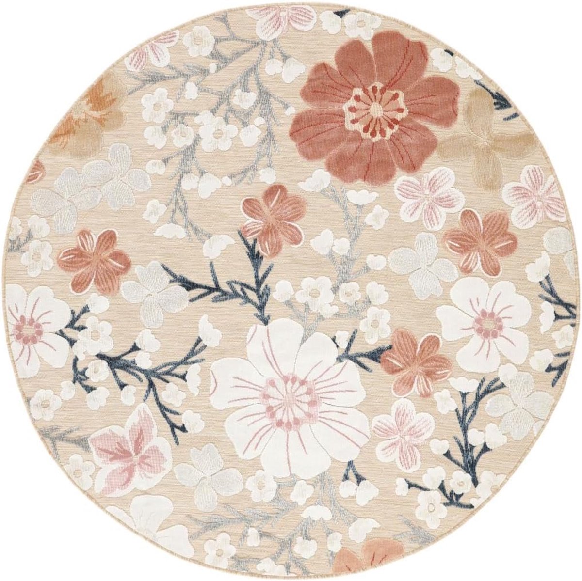 Cherri Vloerkleed, Ø 150 cm, Beige/Roze | Moderne, Rond, Laagpolig, Alleen handwas, Oeko-Tex 100, Woonkamer, Slaapkamer, Hal