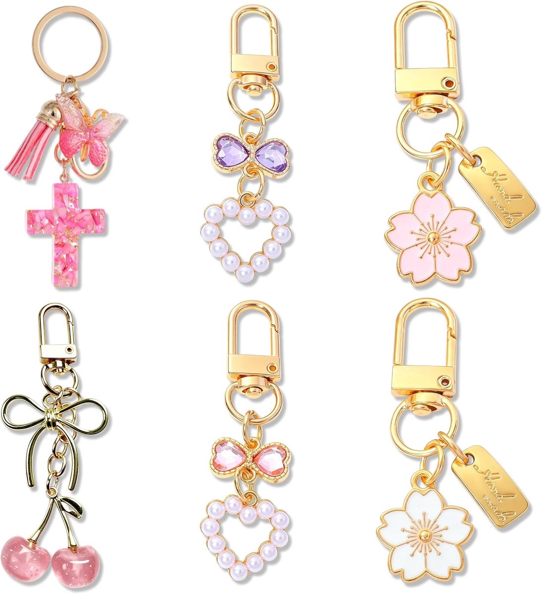 6 Stuks Tas Bedel Set, Kleurrijke Tas Charms met Kers Kruis Bloem en Hart, Esthetische Sleutelhanger van Hars voor Handtas Rugzak Sleutels Telefoon en Dagelijkse Decoratie