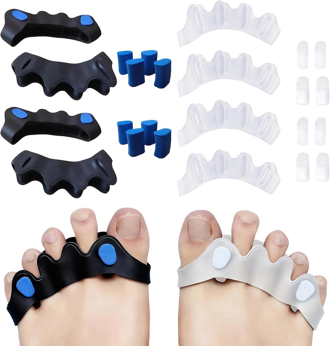 2 paar teenspreider, uniseks, teenscheider, siliconen teen, met 8 sponspads, voor hallux valgus, uien en teencorrectie (zwart, transparant)