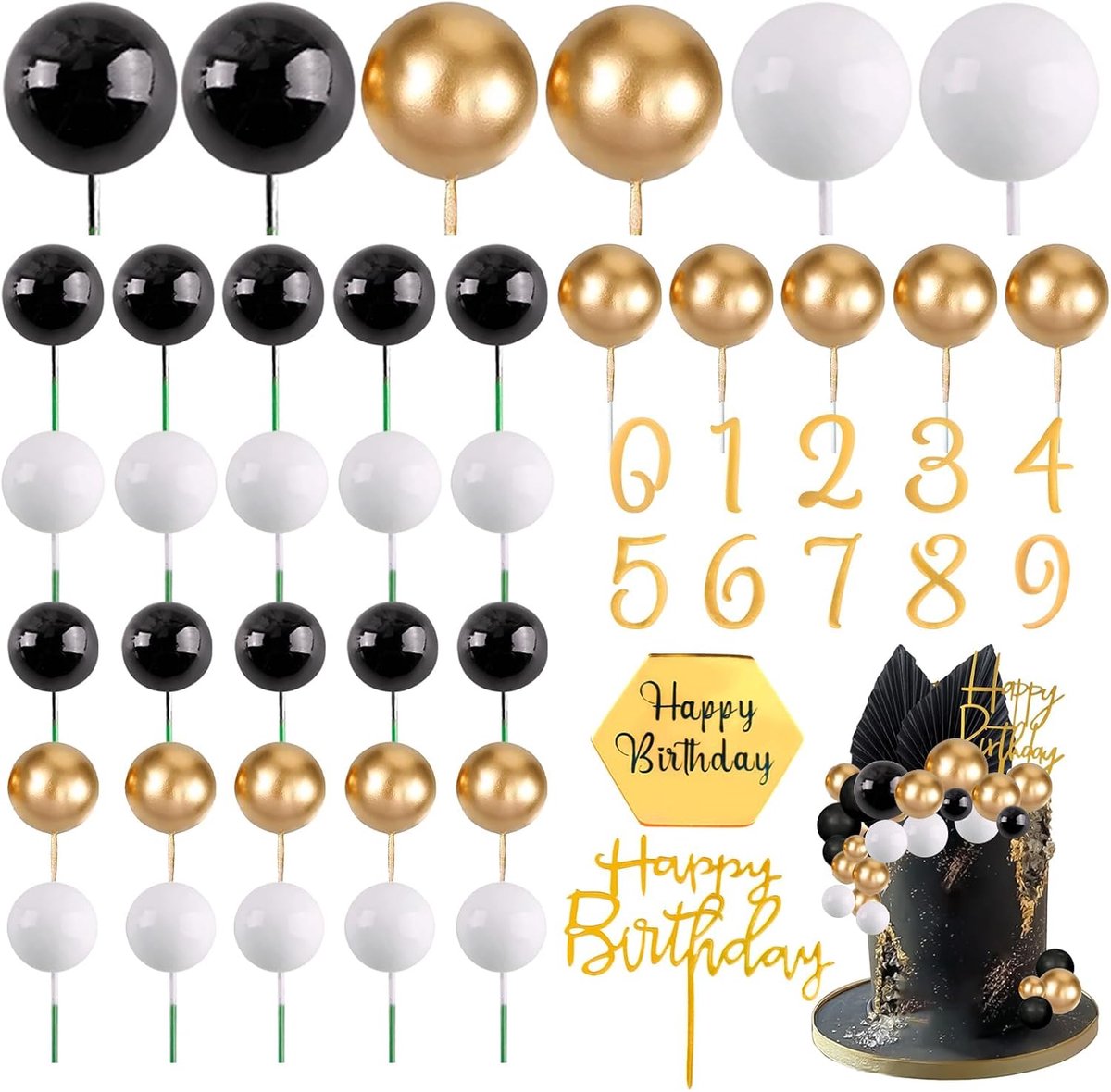 Decoratie voor verjaardagstaart, 48 stuks, Happy Birthday, taartdecoratie, zwart, wit, goud, boho-taarttopper met cijfers van 0 tot 9, voor verjaardagen, bruiloften, themafeesten