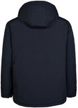 Achterkant van een donkerblauwe herenparka met capuchon.