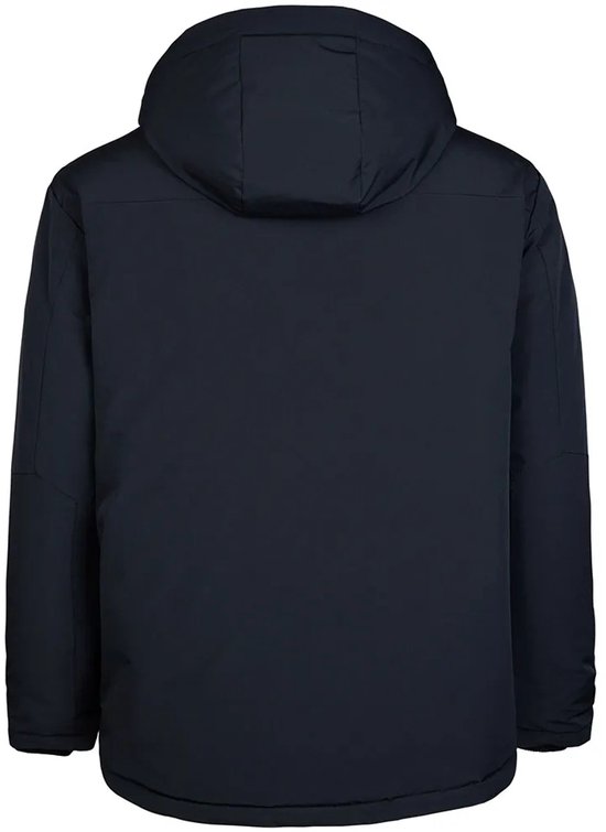 Achterkant van een donkerblauwe herenparka met capuchon.