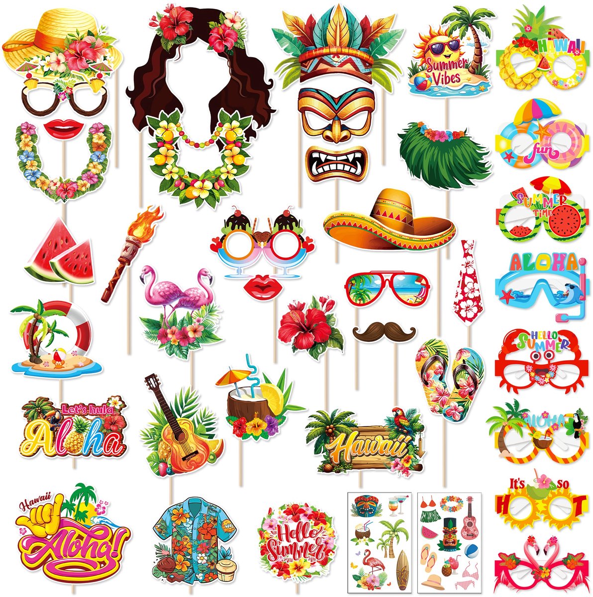 40-delige Hawaii Fotorekwisieten Set - Zomer Foto Booth Accessoires met Grappige Brillen, Stickers & Feestdecoratie - Tropische Photo Props voor Fotoshoots, Strandfeest, Zwembadfeest, Verjaardag & Zomerevenementen