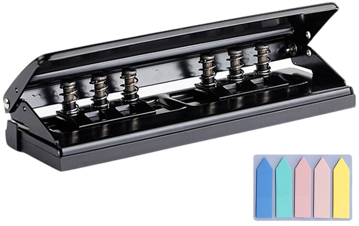 Verstelbare 6-gaats perforator, 1 stuk 6-rings perforator met positioneringsmarkering, 100 stuks zelfklevende notities, 6 vellen capaciteit perforator voor dagplanner, voor A4, A5, A6, A7, A8