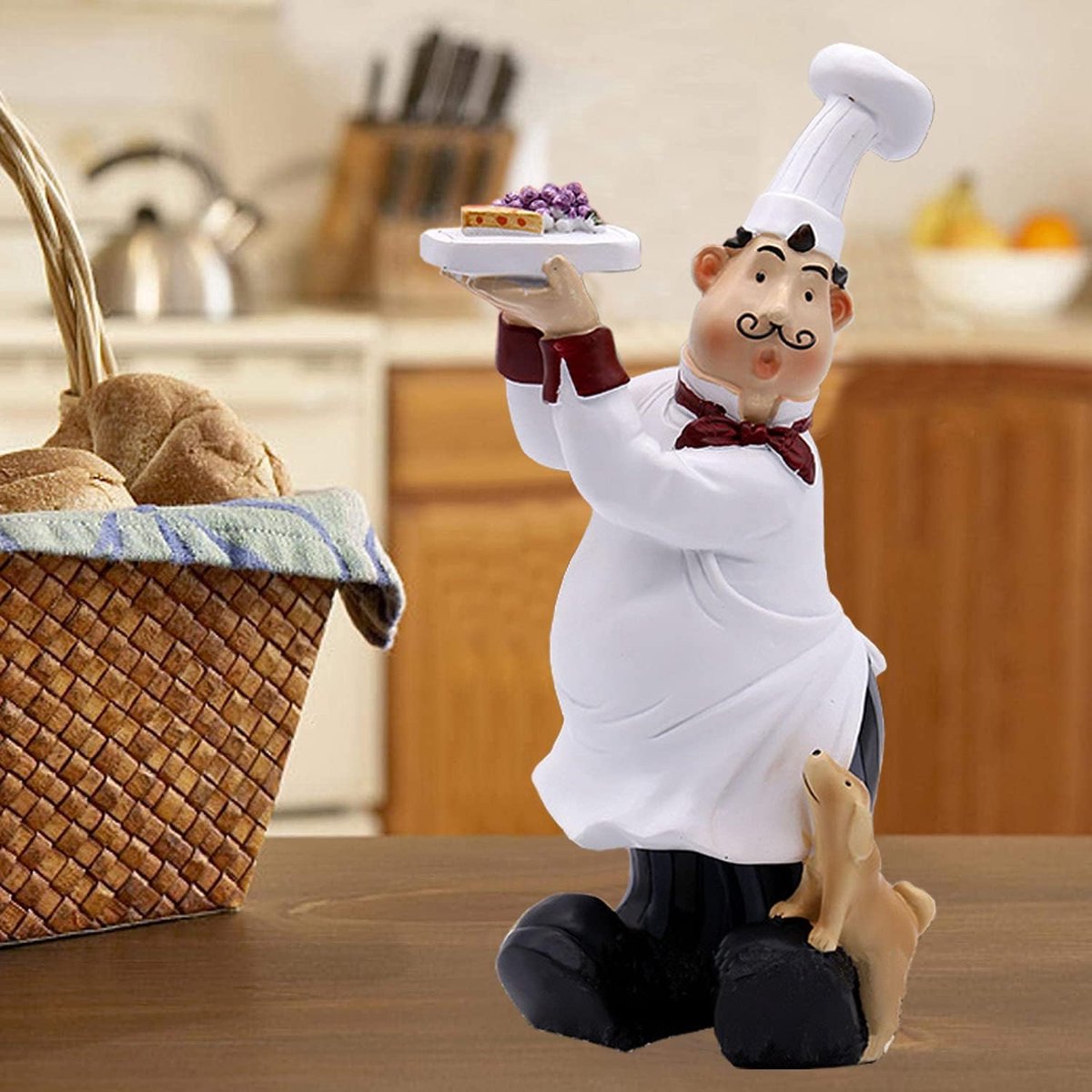 Chef-kokbeeldje voor keukendecoratie, chef-kok met fruit en brood met puppybeeldjes chef-kok puppy standbeeld voor aanrecht, kast, thuis, keuken, kok, restaurantdecoratie