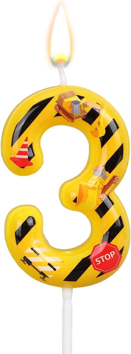 Geel en Zwart Gestreepte Verjaardagskaars met Cijfer Coole Bouwtaarttopper voor Feestbenodigdheden voor Jongens Taartdecoratie (Cijfer 3)
