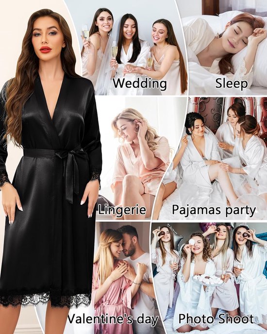 Satijnen badjas voor dames, lange kimono, Japanse ochtendjas voor dames, manchetten van kant, bruid, badjas, bruiloft, feest, met riem — afbeelding 2