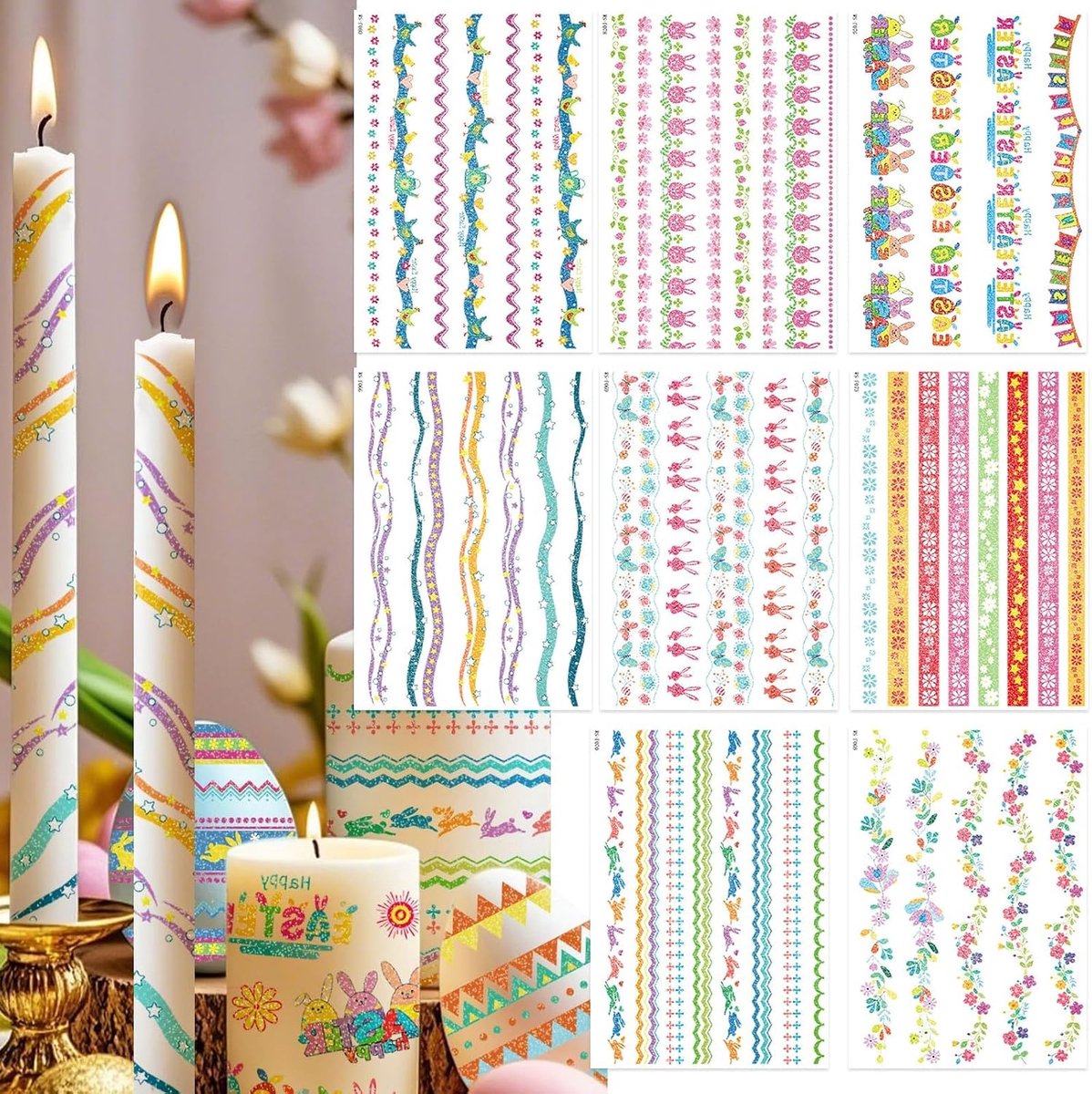 Paasdecoratie met hazen en eieren, kaarsentatoeages voor Pasen als cadeau, waterschuiffolie voor kaarsen met paasspreuk, decoratie voor Pasen, doop en lente