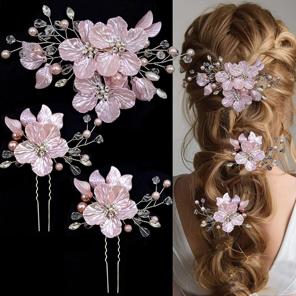 Haaraccessoires voor bruid, 3 stuks, haarspeld voor bruiloft, bruidssieraden, parels en bloemen voor dames, bruidsmeisjes, uitnodigingen, feesten, jubilea (roze)