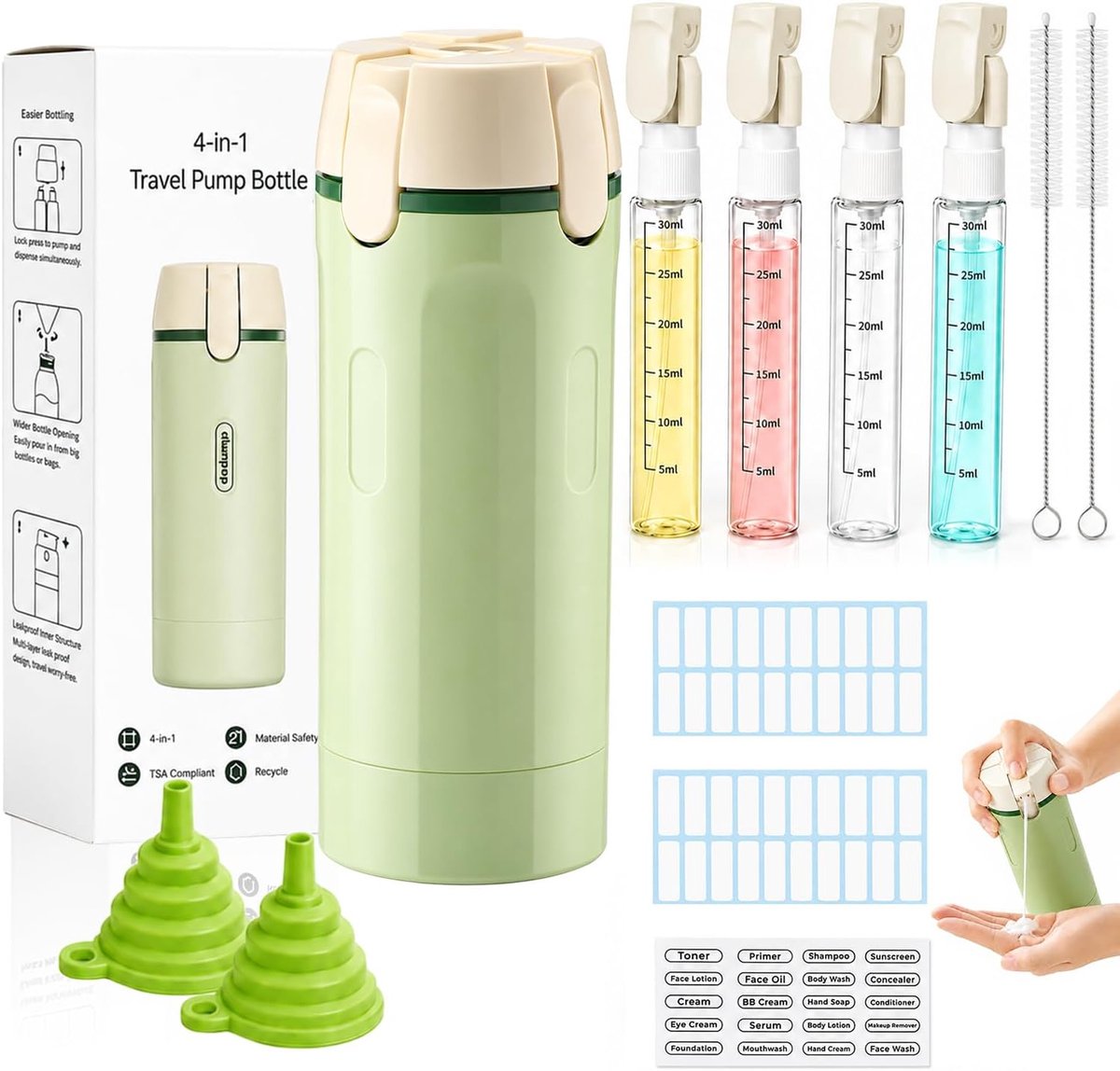 Dispenser Bottle 4 in 1(Includes Labels/funnel/cleaning straw brush)4-in-1 Refillable Travel Dispenser Bottles丨4 in 1 Travel Dispenser for Shampoo Lotion Liquid Cream