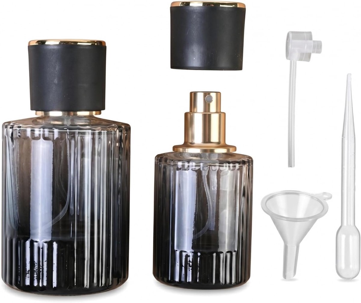 Set van 2 navulbare parfumflessen, 30 ml, 50 ml, van glas, met verstuiver, trechter, pipet, mini-fles, parfum, reizen, draagbaar, elegant, voor dames en heren