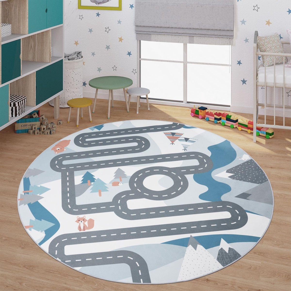 Home Kindertapijt, speeltapijt, voor kinderkamer, straatmotief, met dieren, crème, Maat:Ø 160 cm rond