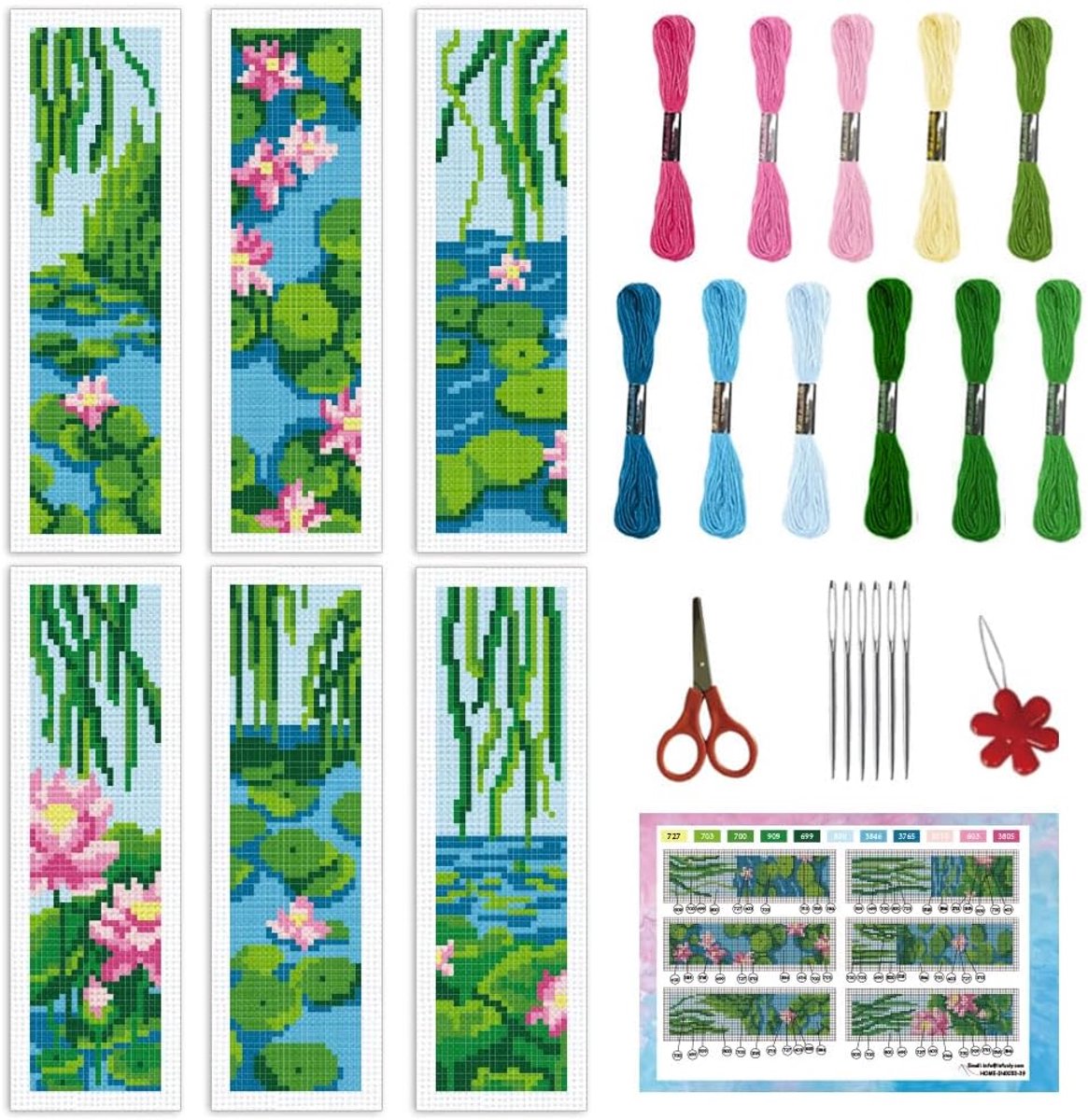 6 Set Waterlelies Kruissteek Bladwijzer Kits 20cm x 6cm DIY Wilgenboom Borduurwerk Bladwijzer Kits voor Beginners met Instructie Lotusbloemen Bladwijzer Maakkit voor Boekliefhebbers Lezers