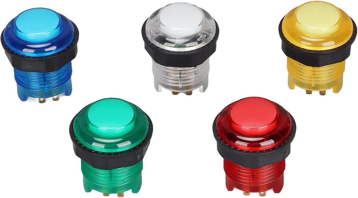 Set van 5 Verlichte Arcade Drukknoppen 28mm voor Videogames en Speelautomaten, Geschikt voor Coin-Operated Games
