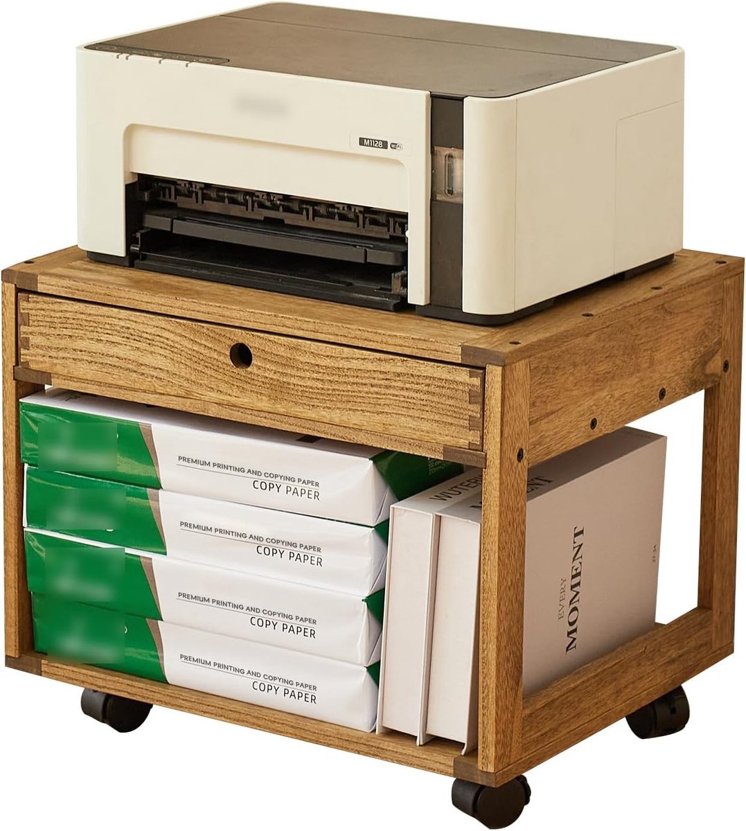 Printer rack van massief hout, multifunctionele printerstand met lade en open vak, 4 wielen met vergrendeling, 43 × 33 × 35.8 cm, eenvoudig te monteren, donkerbruin met plantaardige olie afwerking
