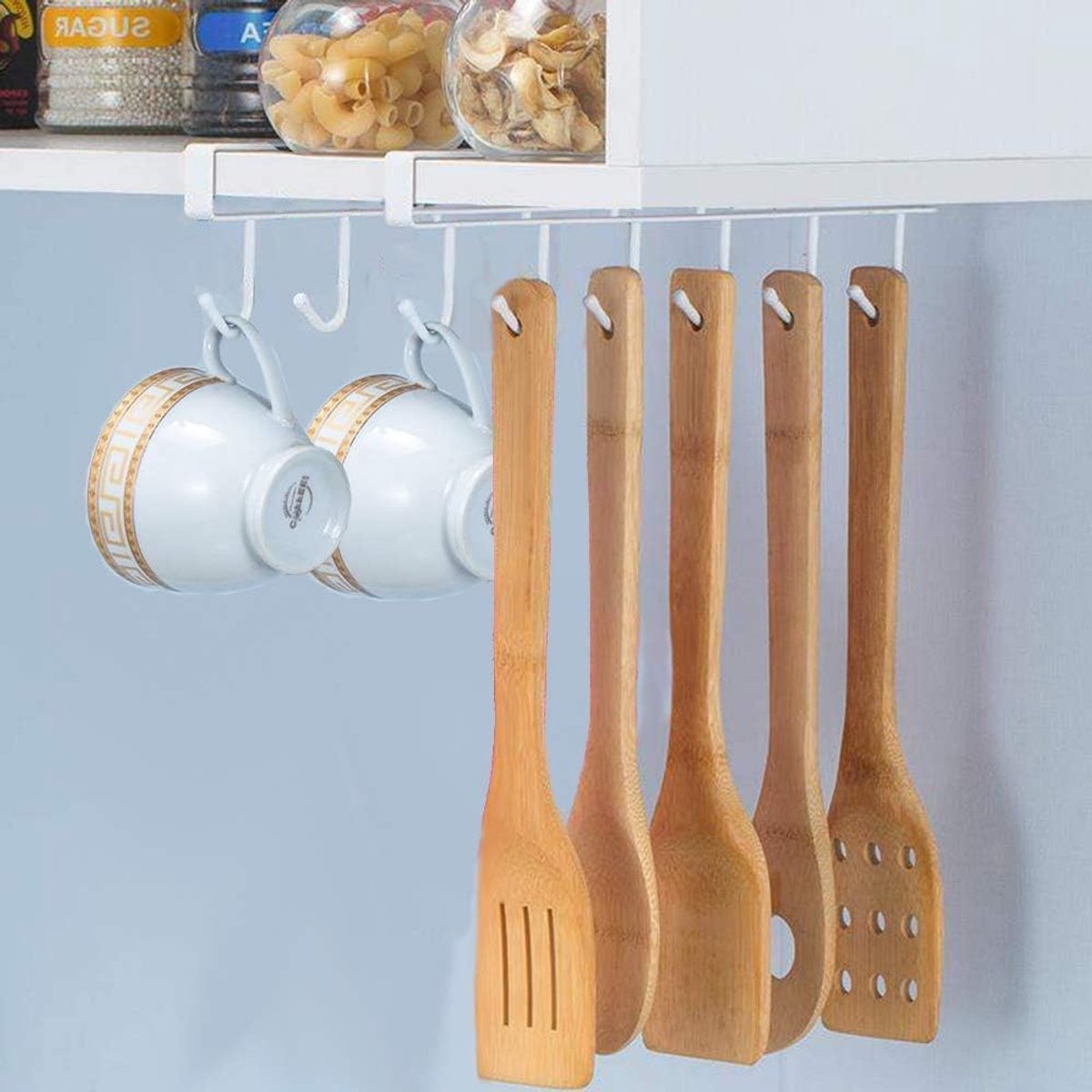 Opbergsysteem keukenkastjes - Wit - 6 Haken - Metalen Bekerhouder voor Keuken en Kast