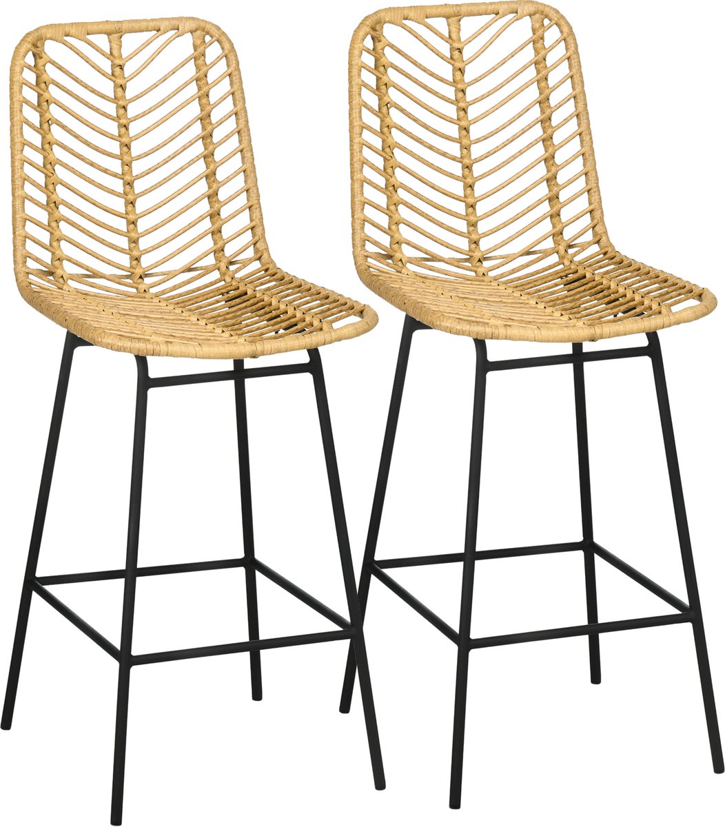 Clruro Barkruk Set van 2 - 42,5 x 52 x 102 cm - Boho met Voetsteun - PE-Rattan/Staal - Geel/Zwart
