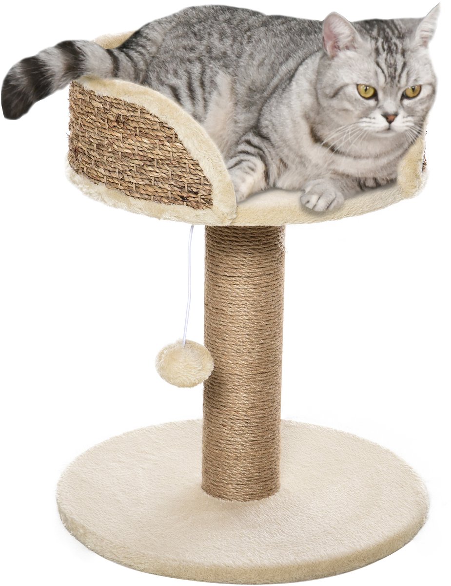Krabpaal – hangende pluisballen – platform met pluche – 40 x 40 x 49 cm – beige jute