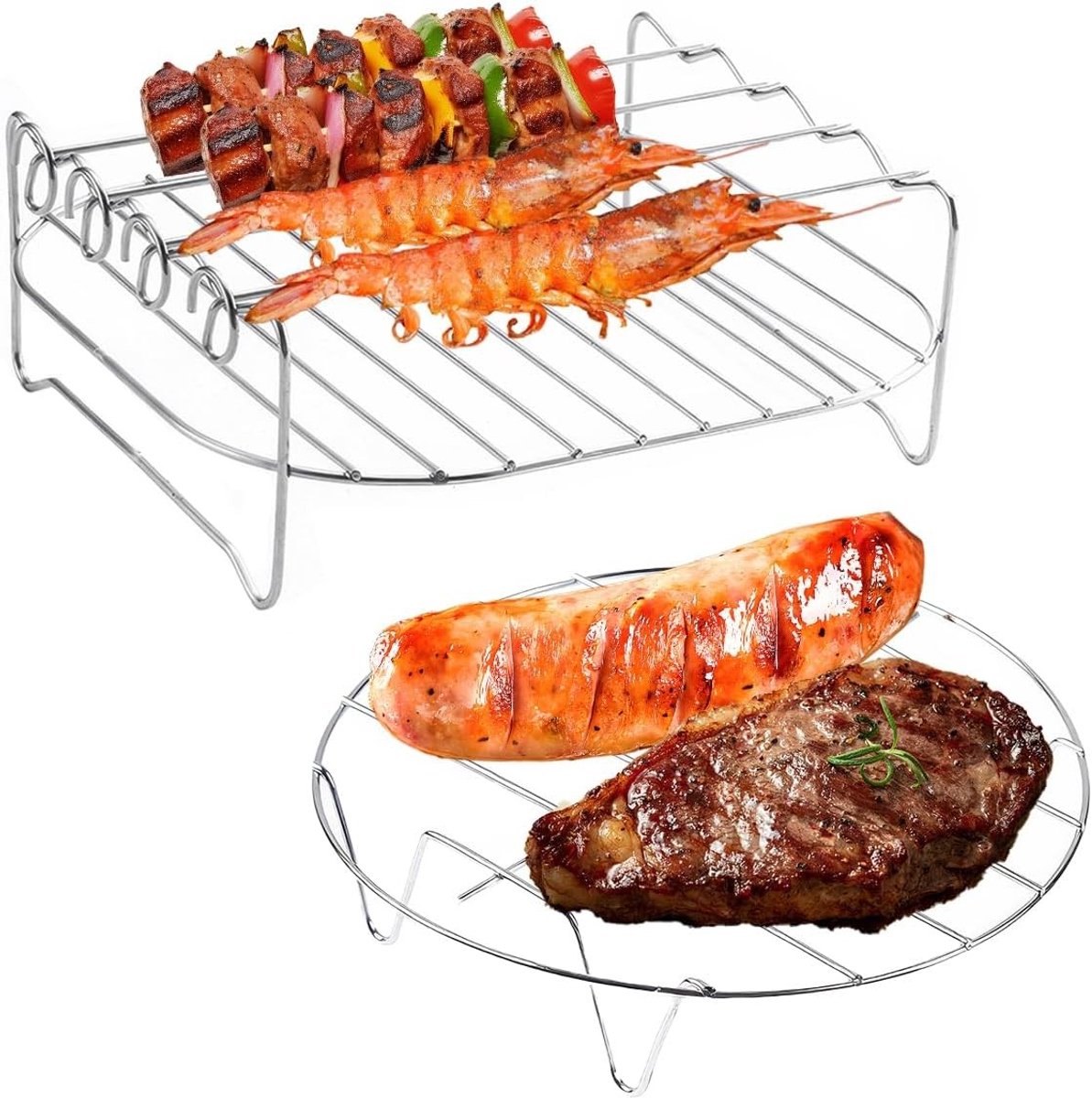 SnelShoppen - Double Layer RVS Air Fryer Grill Rack met 4 Spiesjes | Extra ruimte voor simultaan bakken en braden in oven en magnetron