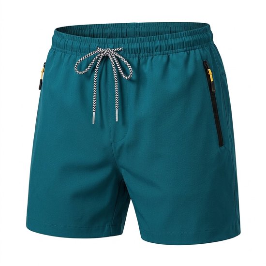 Turquoise sportbroek met elastische tailleband, trekkoord en ritszakken.