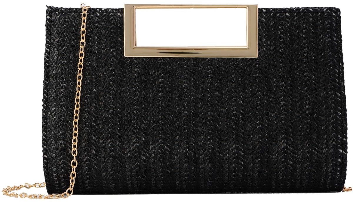 SolidKeus - Handgemaakte Stro Clutch Schoudertas met Metaalketting