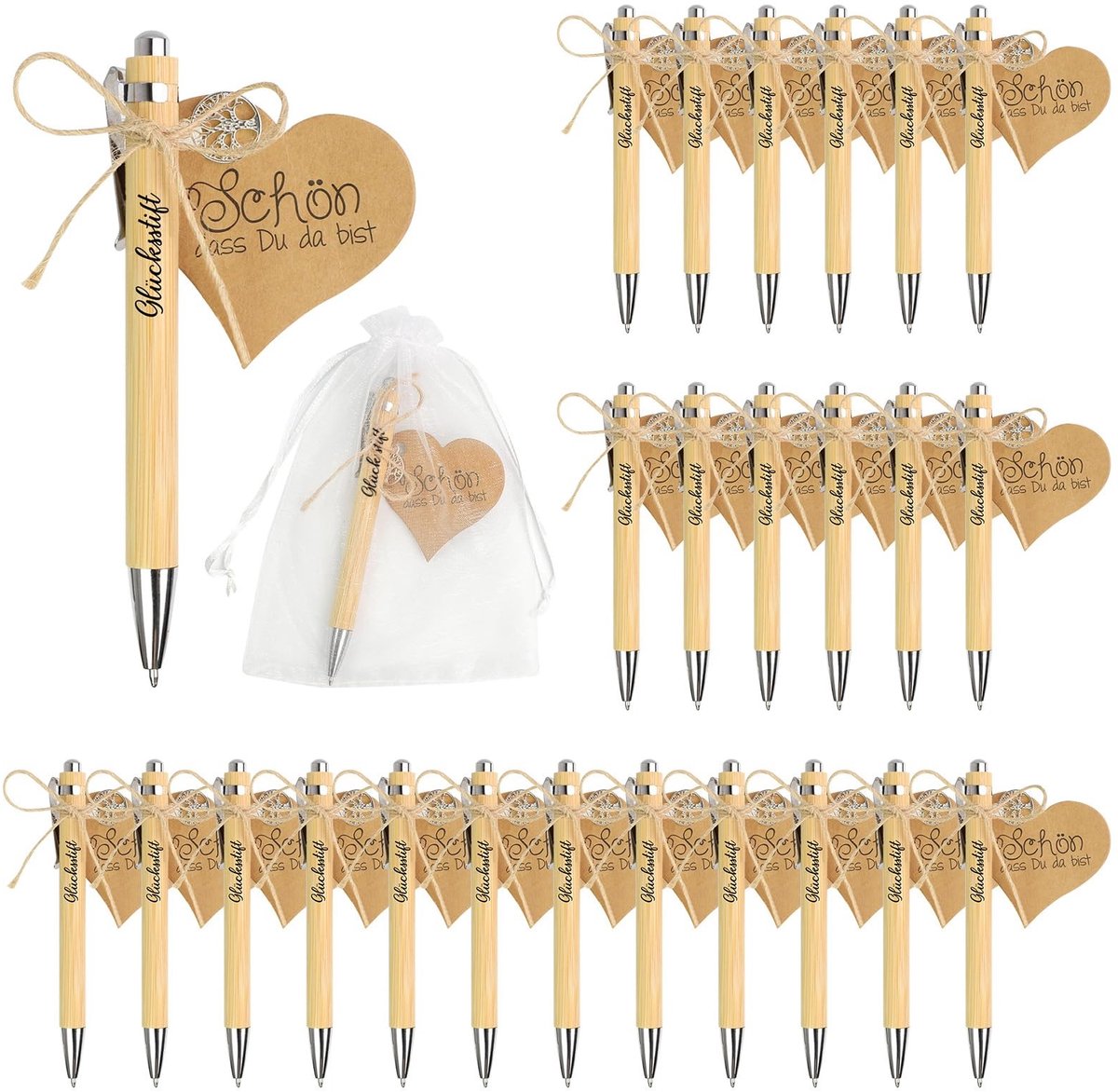 SolidKeus - 24 Stuks Houten Geluksbalpennen voor Cadeaus