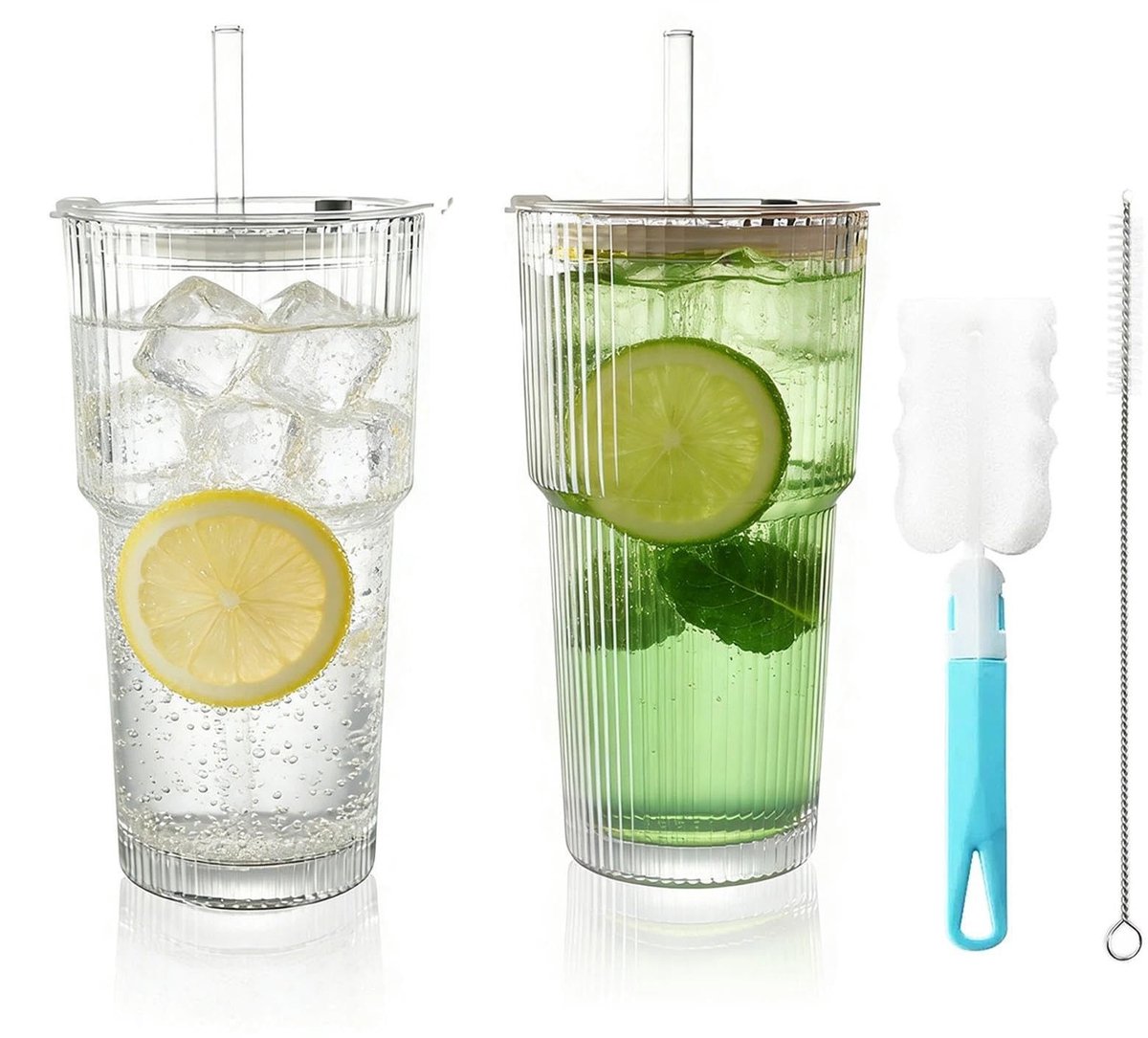 SolidKeus - Ribbelglas Drinkbekers Set van 2 met Deksel en Rietje