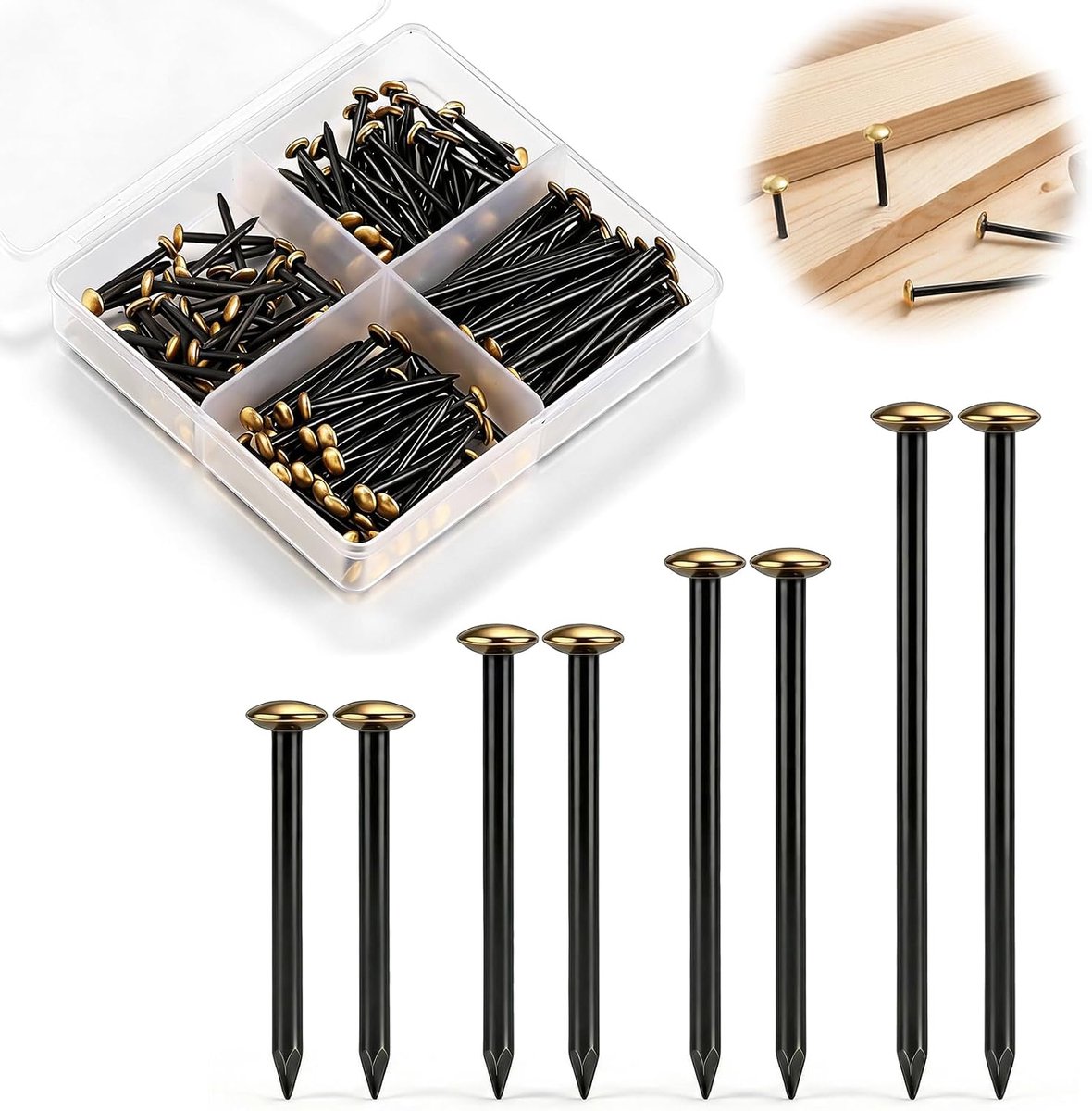 160 stuks stalen spijkers - 20 - 25 - 30 - 40 mm - gouden fotonagels - betonnagels met doos voor foto's - baksteen - pleisterwerk en hout