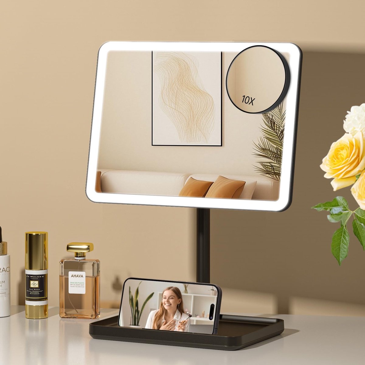 Elzusha - Oplaadbare Make-up Spiegel met Verlichting - Groot Oppervlak, 3 Kleuren, Dimbaar, 360° Draaibaar