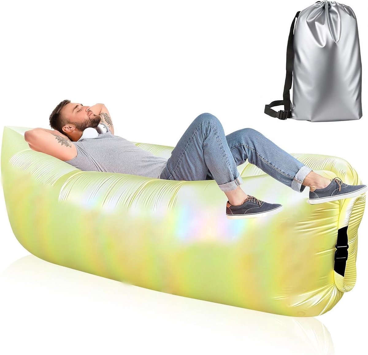 Opblaasbare Ligbank - Luchtbank Strandbank - Outdoor Ontspanning - Scheurvast Gaasdoek - 185 x 80 x 70 cm - Geel