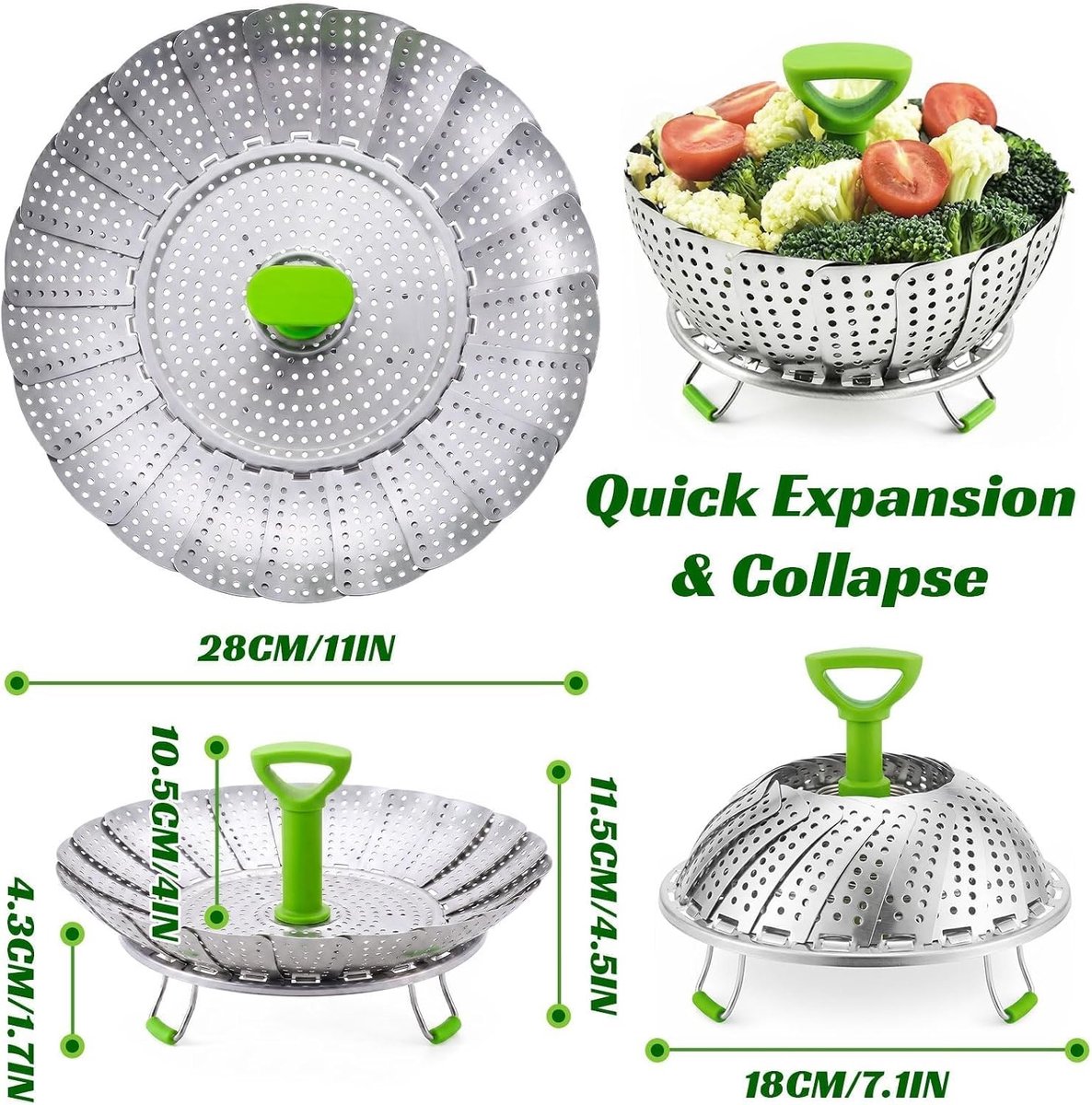 Opvouwbare Stoommand - Zilver - 11 inch - RVS met Verstelbare Stoominzet - Voor Groenten, Vis, Eieren en Dumplings
