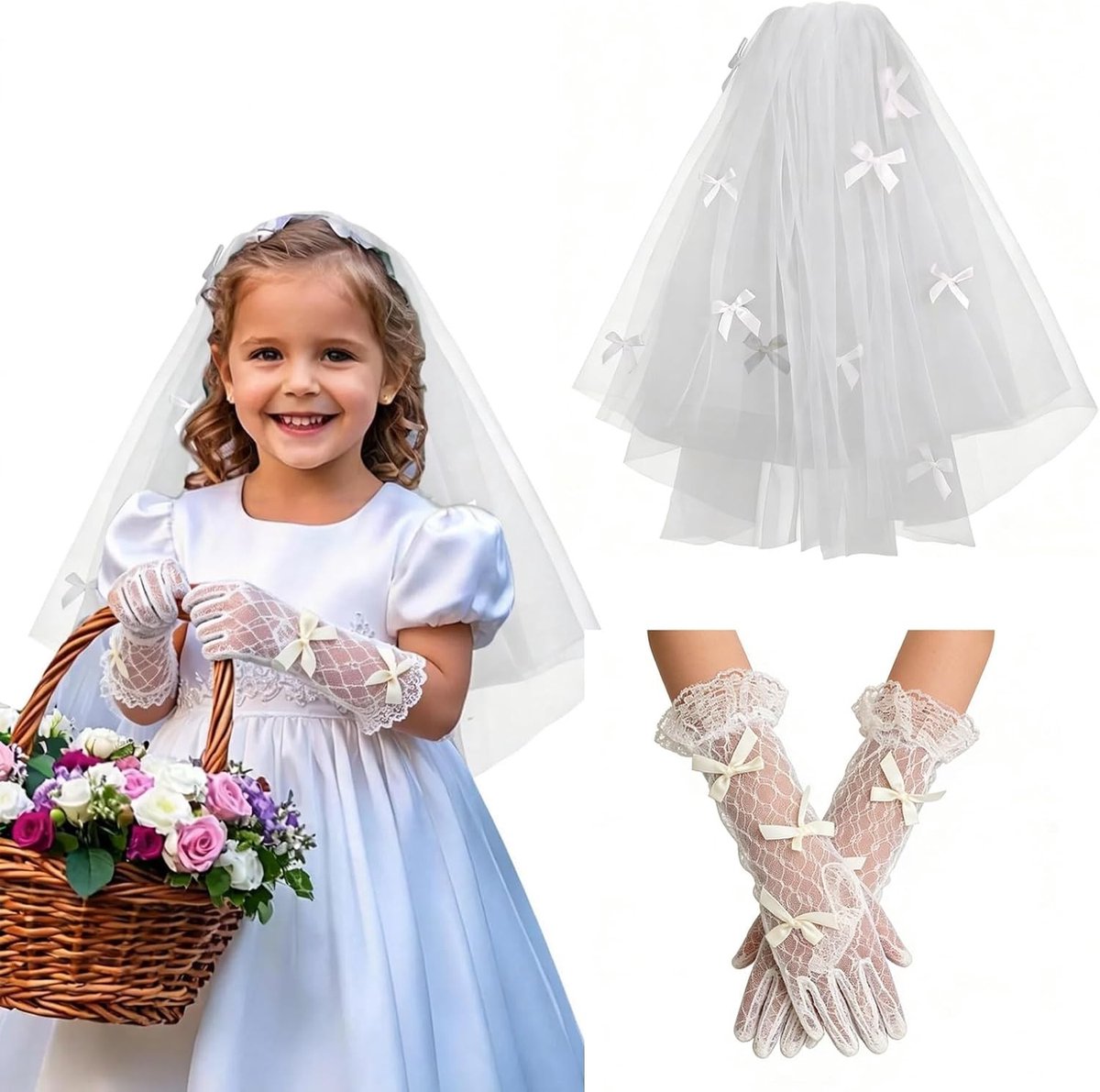 Meisjes Bruidsjurk met Handschoenen Set, Witte Sluiers voor Trouwerij, Eerste Communie en Halloween Feestjes, Perfect voor Bloemmeisjes en Feestkostuums