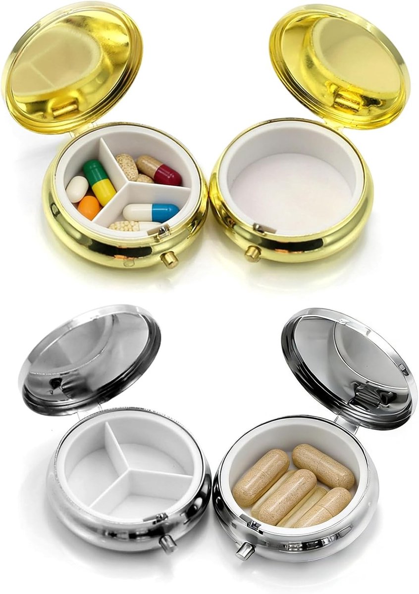 Metalen pillendoosjes set van 4, reisvriendelijke medicijnorganizer met 2 x 3 vakken en 2 x enkel vak, 30 ml inhoud, ideaal voor medicijnen en supplementen in goud en zilver