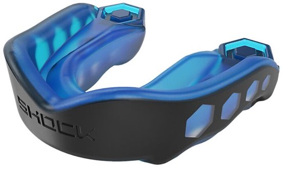 Blauw en zwart Shock Doctor Gel Max bitje met een strak ontwerp en hexagonale details.