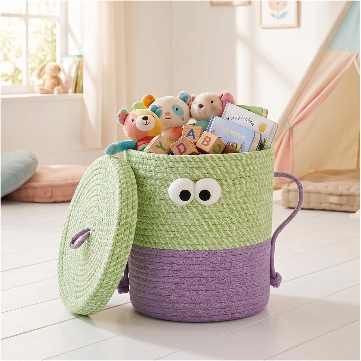 Casalora Opbergmand – Speelgoedmand & Luiermand voor Babykamer – Katoenen Touw Mand met Deksel en Handvatten – Opberger voor Babyspullen – 25x25 cm – Groen & Paars