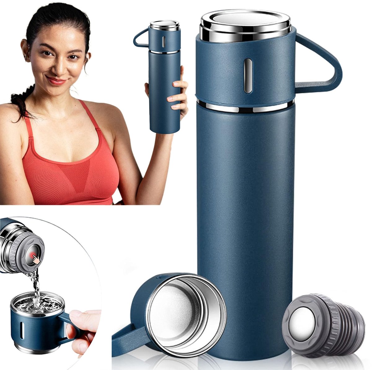 COVREO Thermosbeker 500 ml, blauw RVS 24x6,5 cm met lekvrije dop