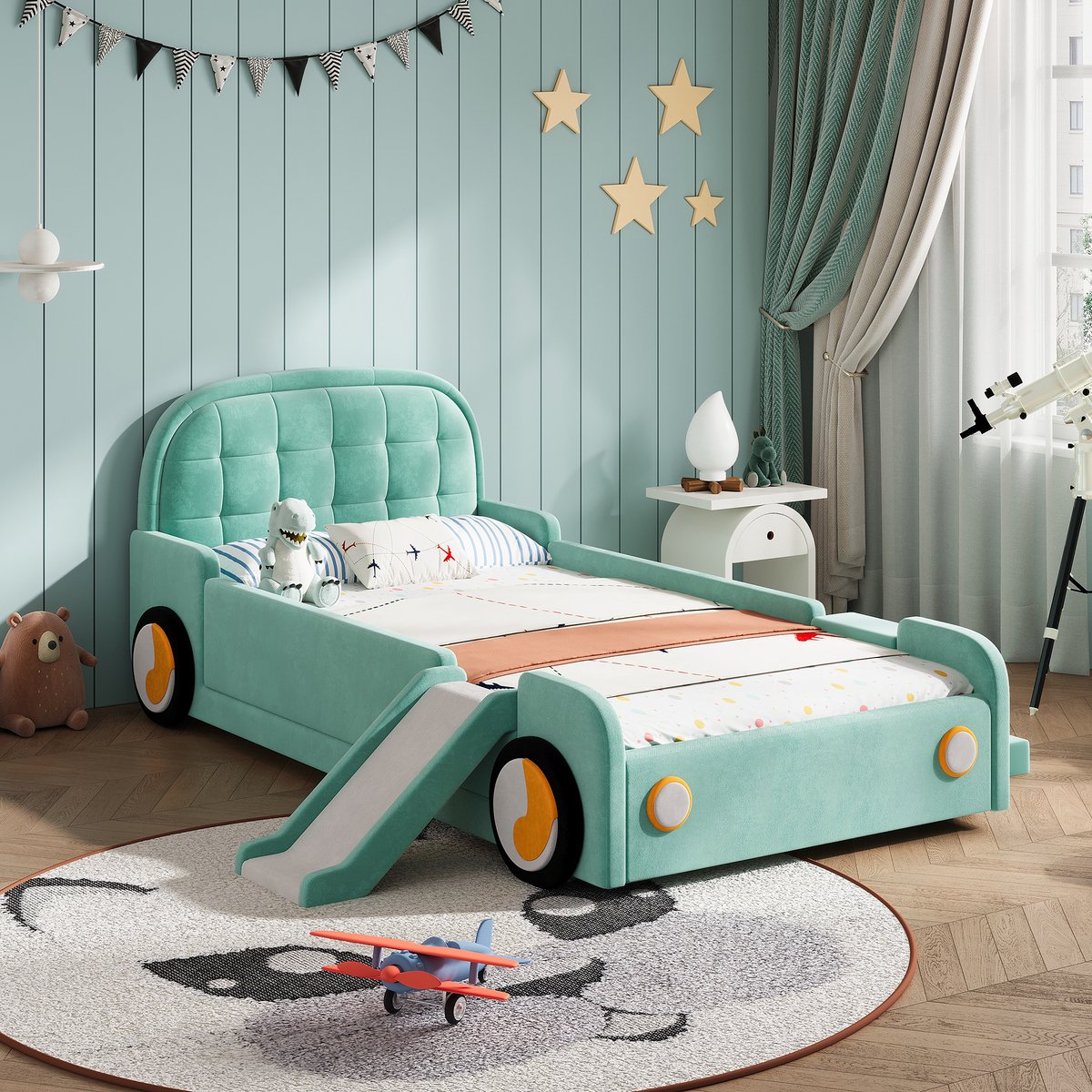 Kinderbed 90x200 cm – Autobed met glijbaan en trap – Uitvalbeveiliging en zachte bekleding – Voor kinderkamer – Stof – Blauwgroen Zonder matras