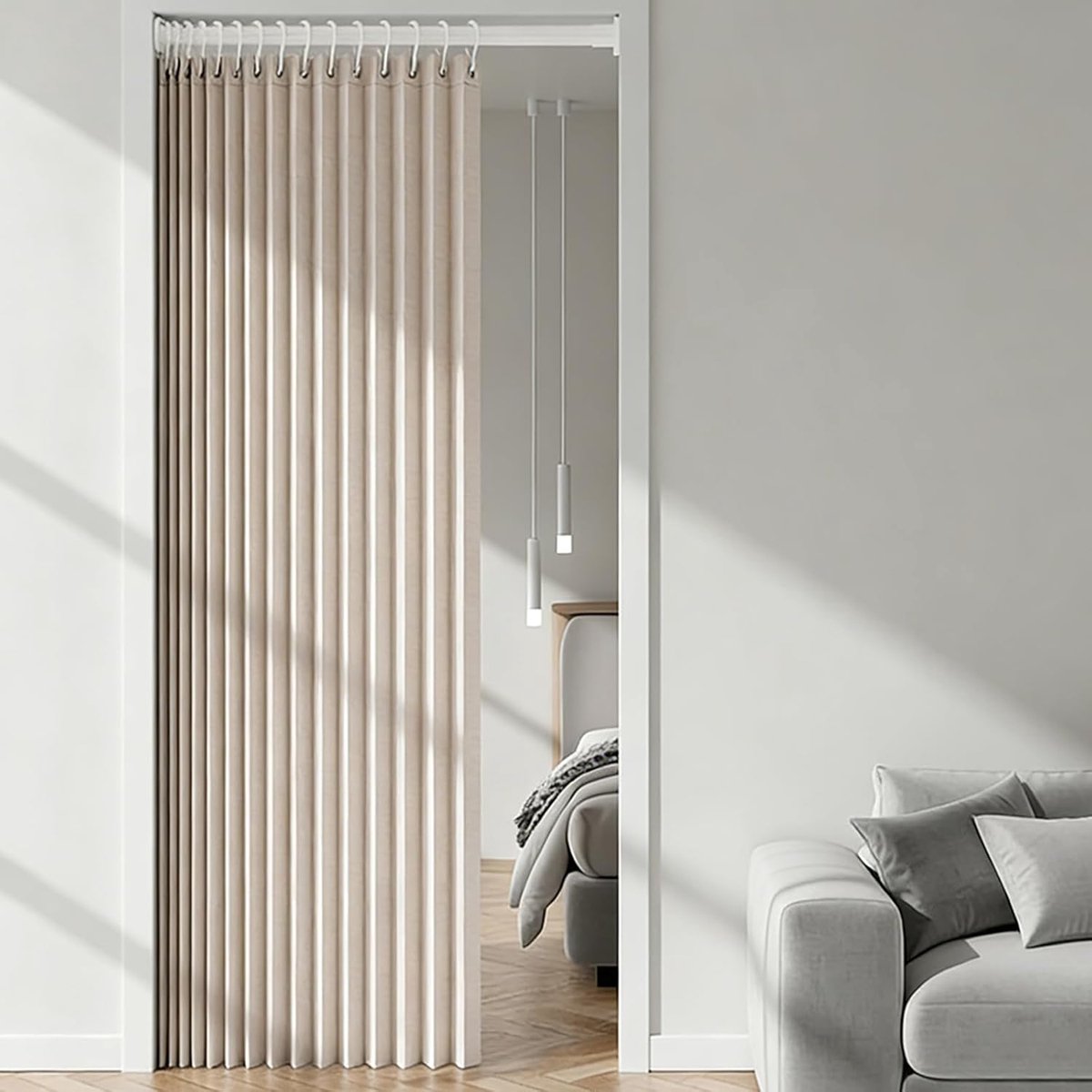 Deurgordijn, 120 x 200 cm, ondoorzichtig deurgordijn met telescoopstang, zonder boren, thermogordijn, koudebescherming, als ruimteverdeler, voor keukendeur, balkondeur, kast (beige)