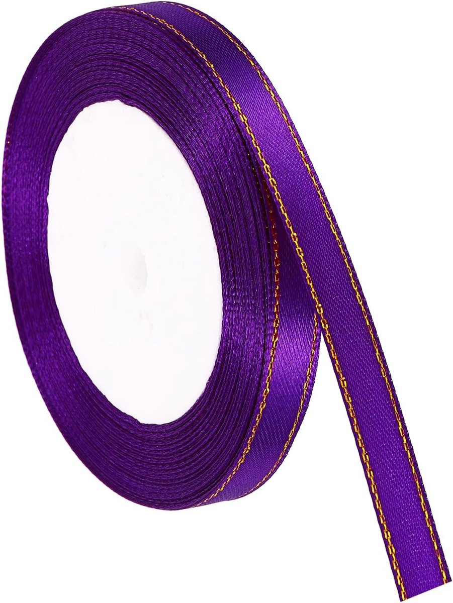 Satijnen lint met gouden rand, dubbelzijdig polyester satijnen lint voor geschenkverpakking, doe-het-zelf ambachten, bloemenboeketten, haarstrikken, naaiprojecten, paars