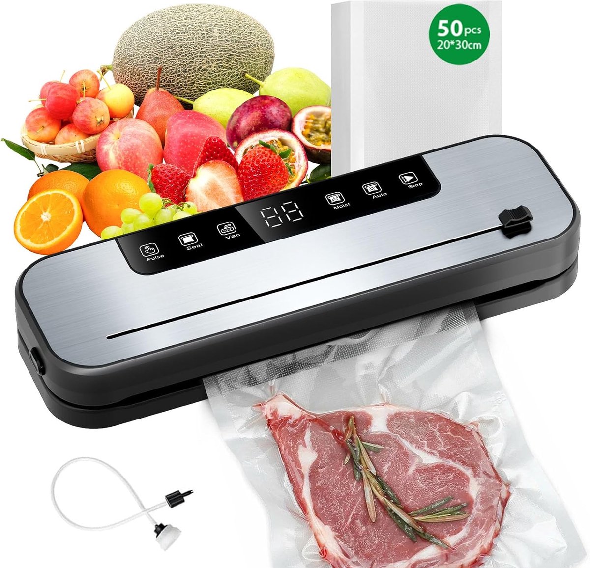 Vacuümmachine, 6-in-1 vacuümapparaat voor levensmiddelen, met 50 vacuümzakken, levensmiddelenvacuümmachine met cutter en digitaal countdown voor verse levensmiddelen, droog/natte levensmiddelen