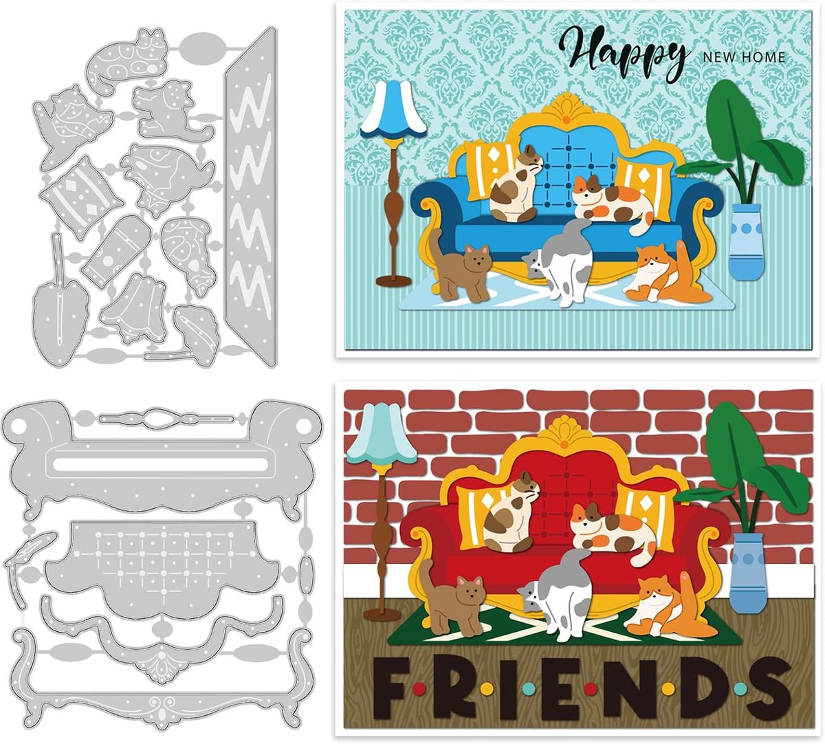 18 Stks Kat Die Cut Voor Kaarten Maken Dier Metalen Die Cuts Sofa Snijden Embossing Sjablonen Kitten Thuis Frame Matrijzen Cut Meubels Koolstofstaal Snijden Dies voor DIY Scrapbooking Album