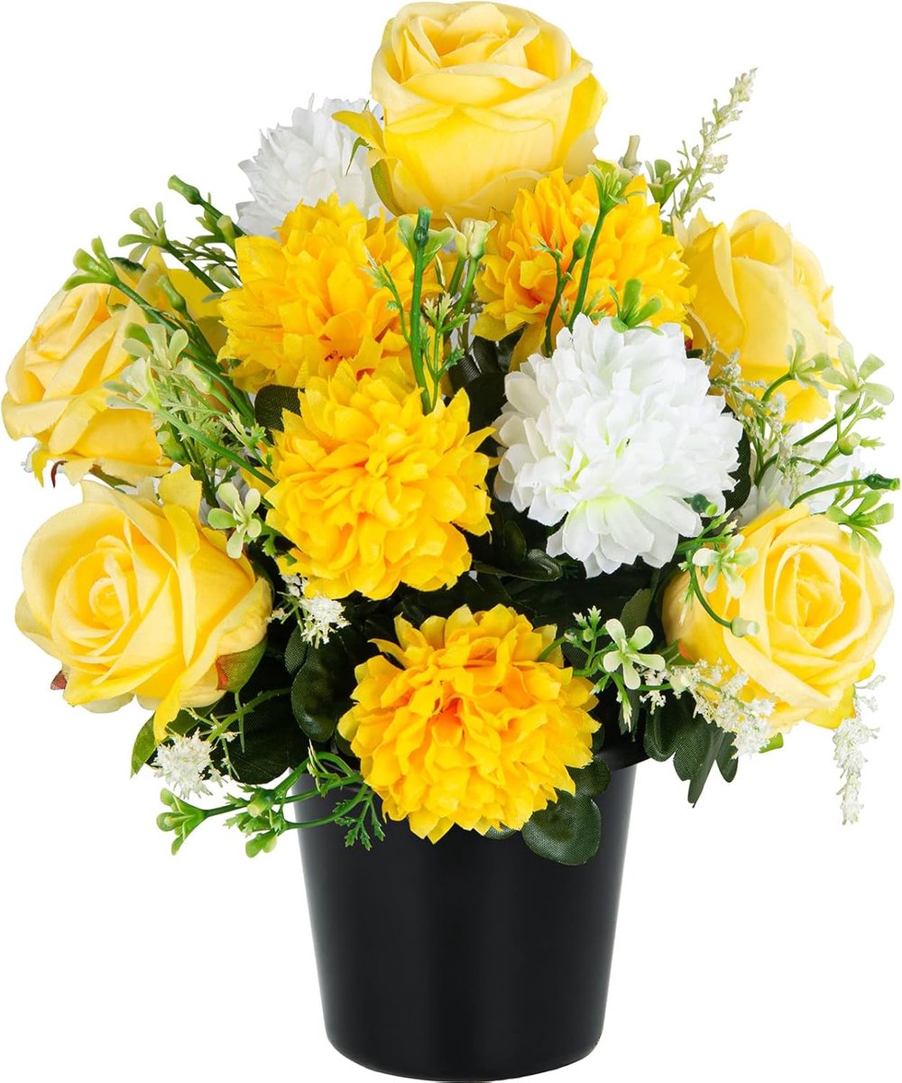 Kunstmatige grafbloemen voor de begraafplaats, kunstmatige chrysanten en rozen, decoratieve herdenkingsbloemen in pot voor graven, voor decoratie binnen en buiten (1 stuk, geel)