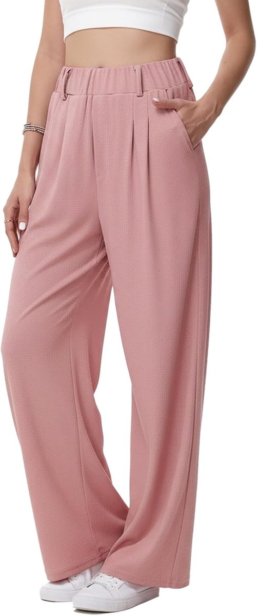 Damesbroek met hoge taille, losse palazzo-broek, werkbroek met brede pijpen, comfortabel, licht, elastisch, lang, met zakken voor zaken, kantoor, casual