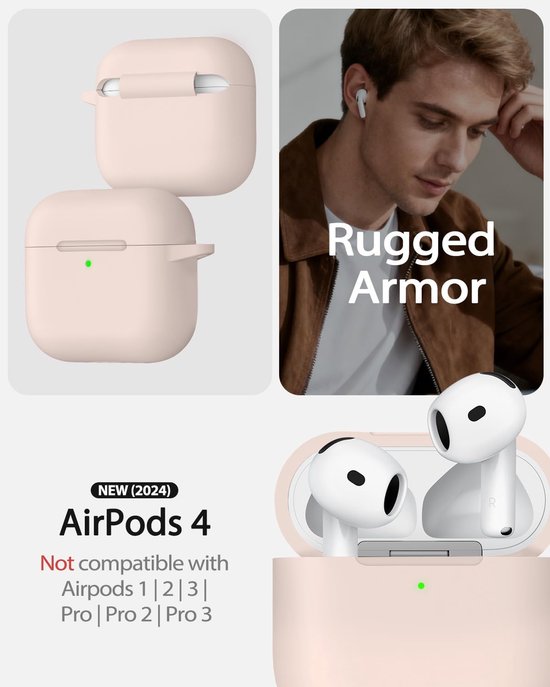 Siliconen voor AirPods 4 Hoes, A1-Cream Pink - Zacht, licht, antislip, krasbestendig, bedraad/draadloos laden. Reinigingspen + sleutelhanger. — afbeelding 3