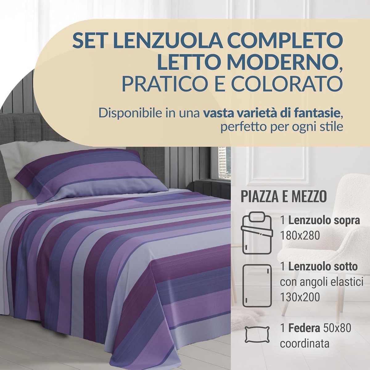 Home, Beddengoedset voor eenpersoonsbedden van 100% katoen, grootte van hoeslaken, bovenlaken en kussensloop, gemaakt in Italië (Garda, paars, eenpersoonsbed)