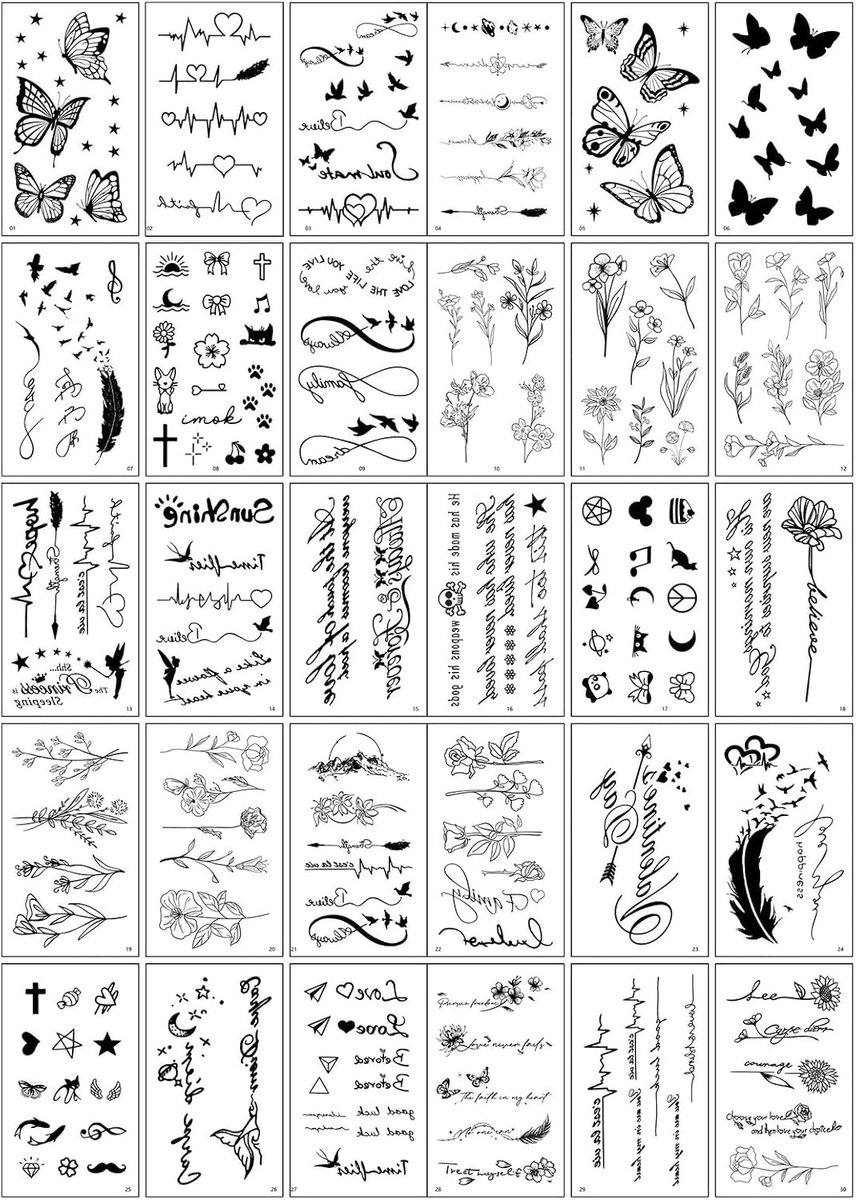Tijdelijke tatoeages, 30 vellen nep-tatoeages, 2 weken, minimalistisch, waterdicht, bloemen, vlinders, belettering, tattoo-stickers voor volwassenen, zomer, festival, feest